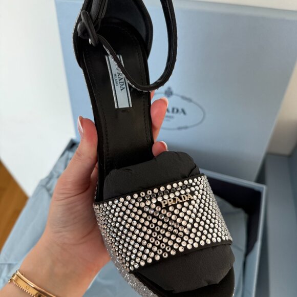 Prada Satin Black Embellished Platform Heels Logo Crystal Pumps Sandals - Picture 6 of 9
